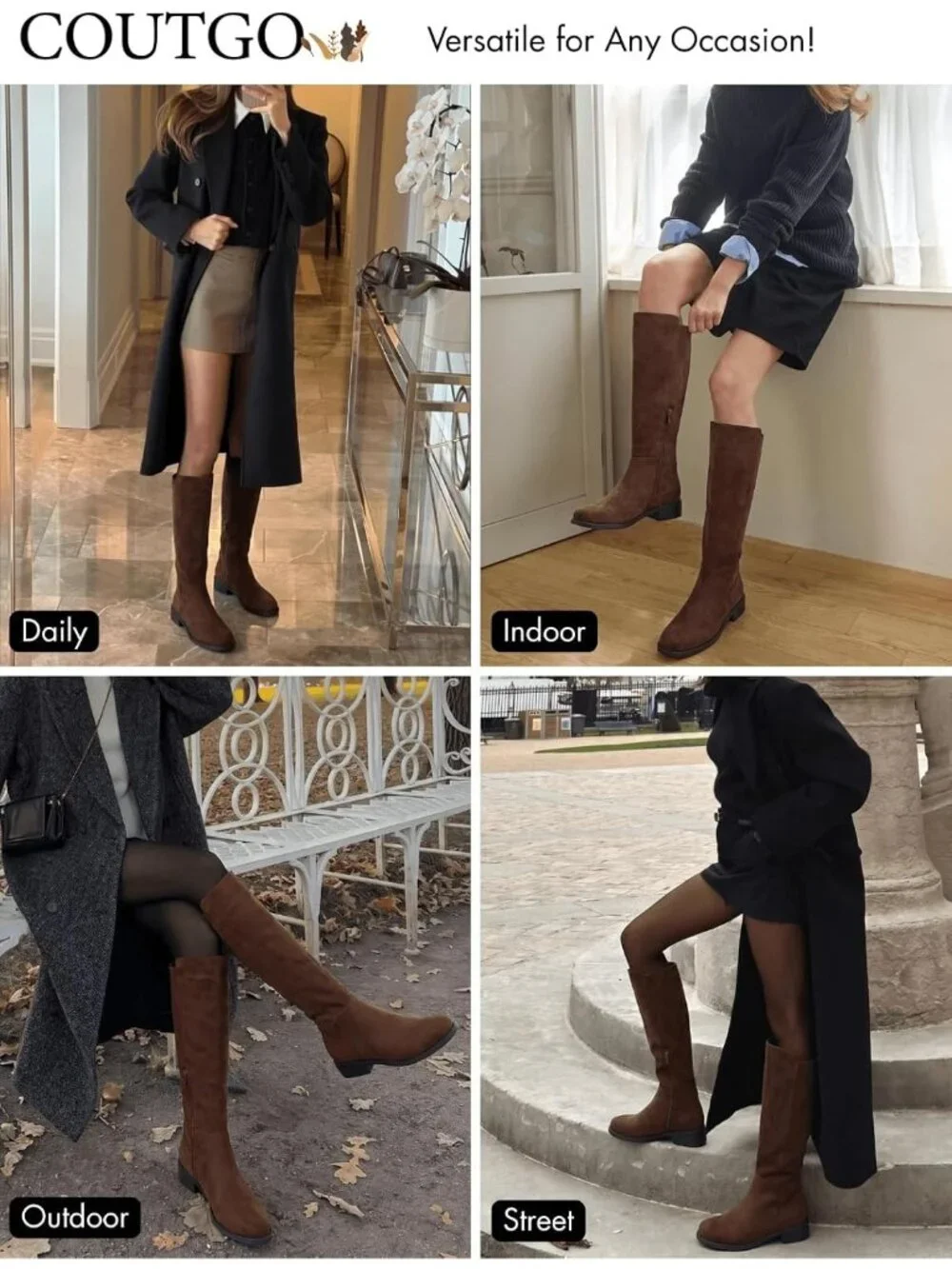 Women Chocolate Suede Chunky Block Low Heel Round Toe Side Zipper Knee High Boot